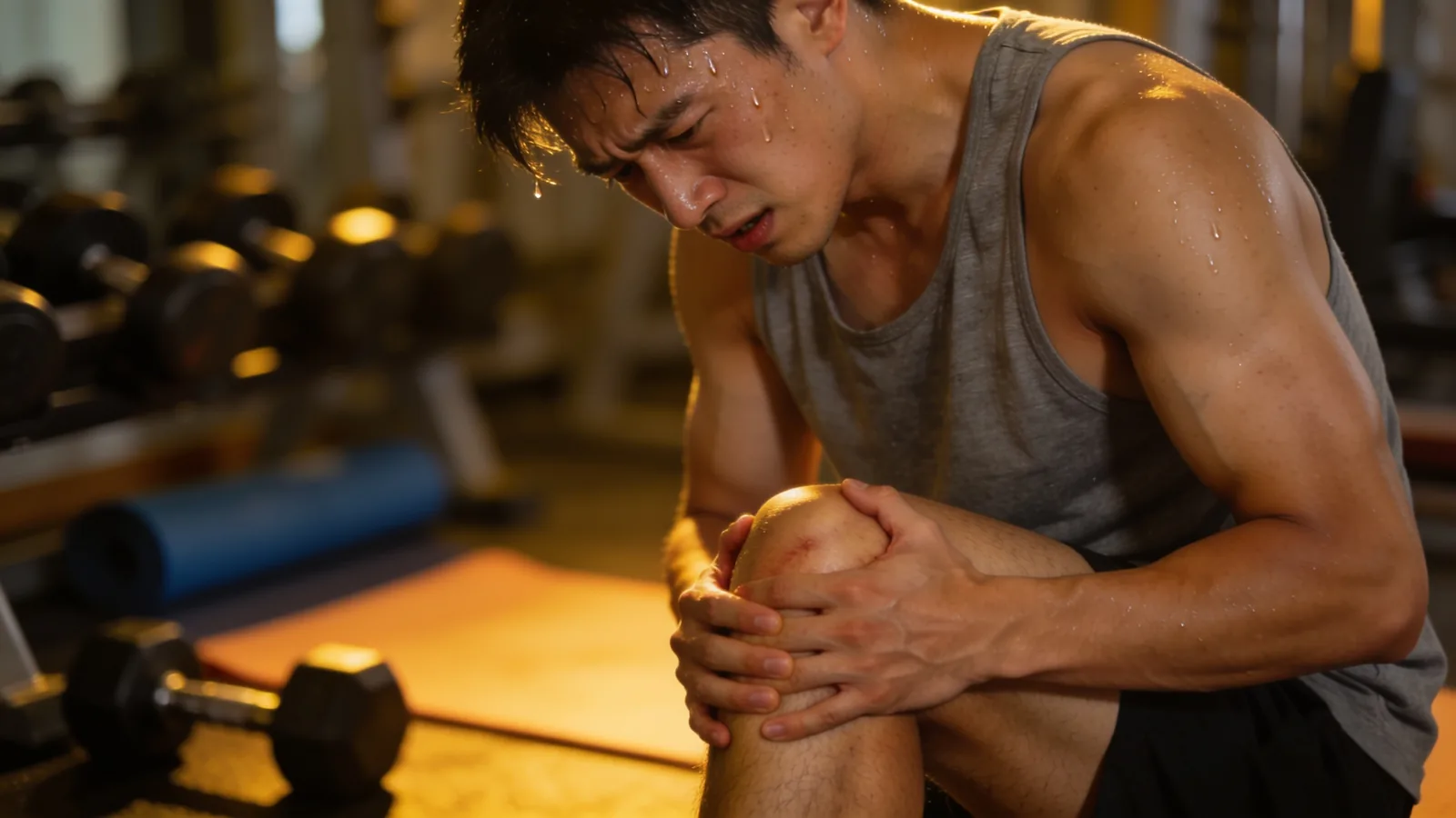 Sweating man in gym tank top wincing and gripping his sore knee after a workout, dumbbells nearby