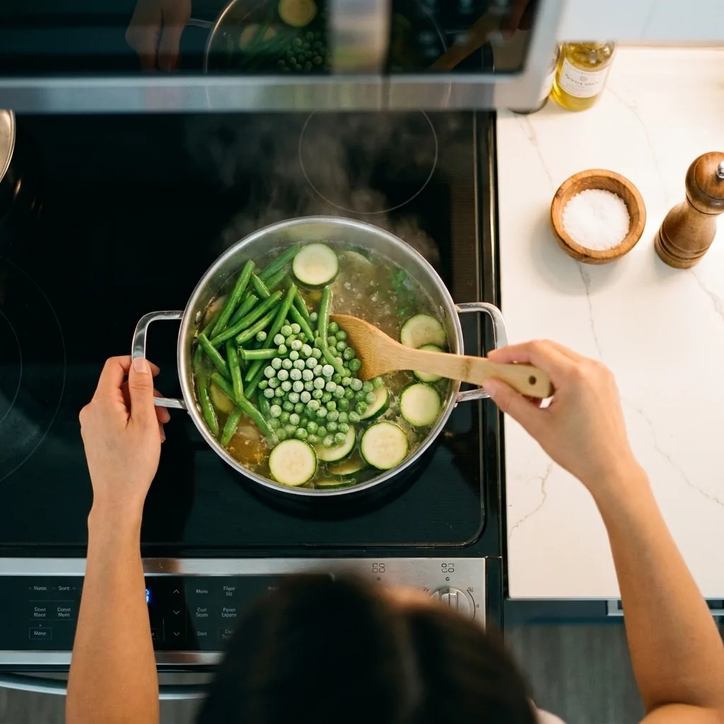 Overhead view of hands stirring green beans, zucchini and peas into a simmering soup pot on a stovetop
