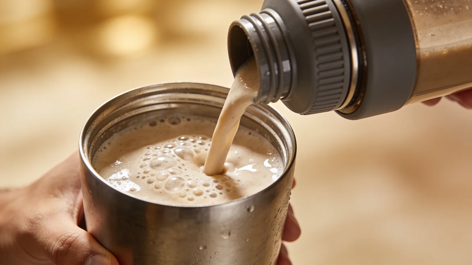 Frothy beige protein shake poured from a shaker bottle into a stainless steel cup held in hand