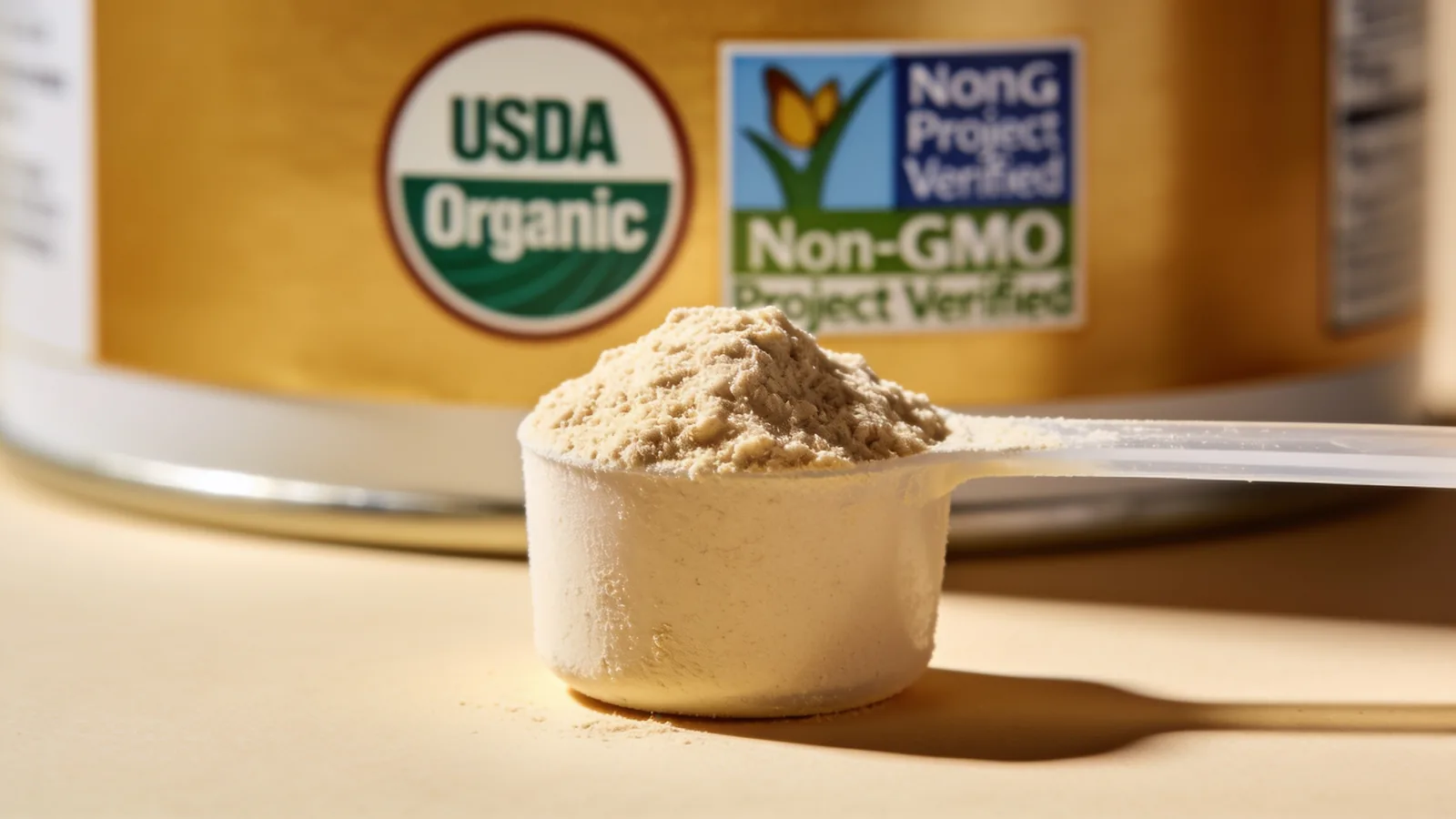 Heaped scoop of protein powder in front of a tub showing USDA Organic and Non-GMO Project Verified seals