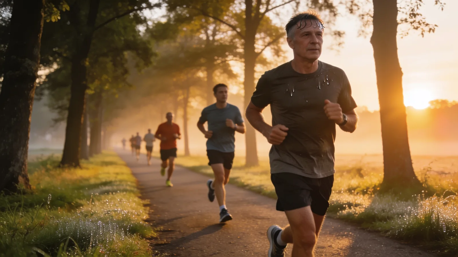 Sweating endurance runners training on a tree-lined path at sunrise, the kind of athletes needing more protein