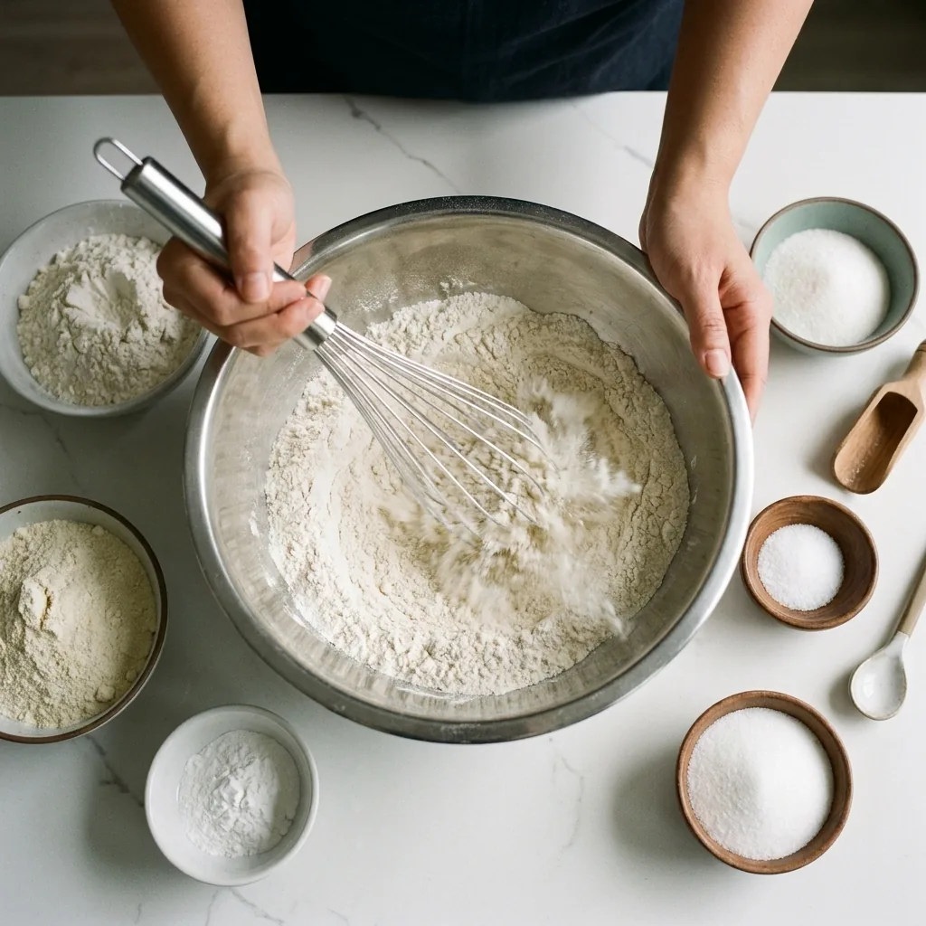 Hands whisking dry waffle ingredients—flour and potato protein isolate—in a metal bowl, with bowls of salt and sugar nearby