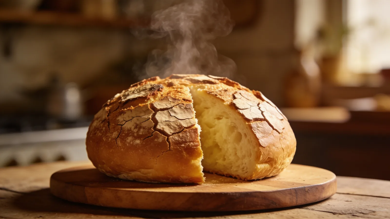 Steaming round baked loaf cut open, showing dense crumb and cracked golden crust on a wooden board