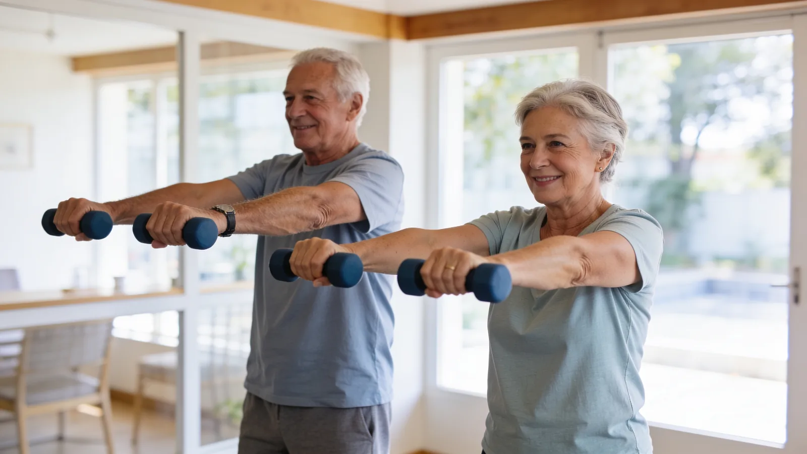 Older man and woman doing a resistance-training dumbbell exercise with arms raised to build muscle