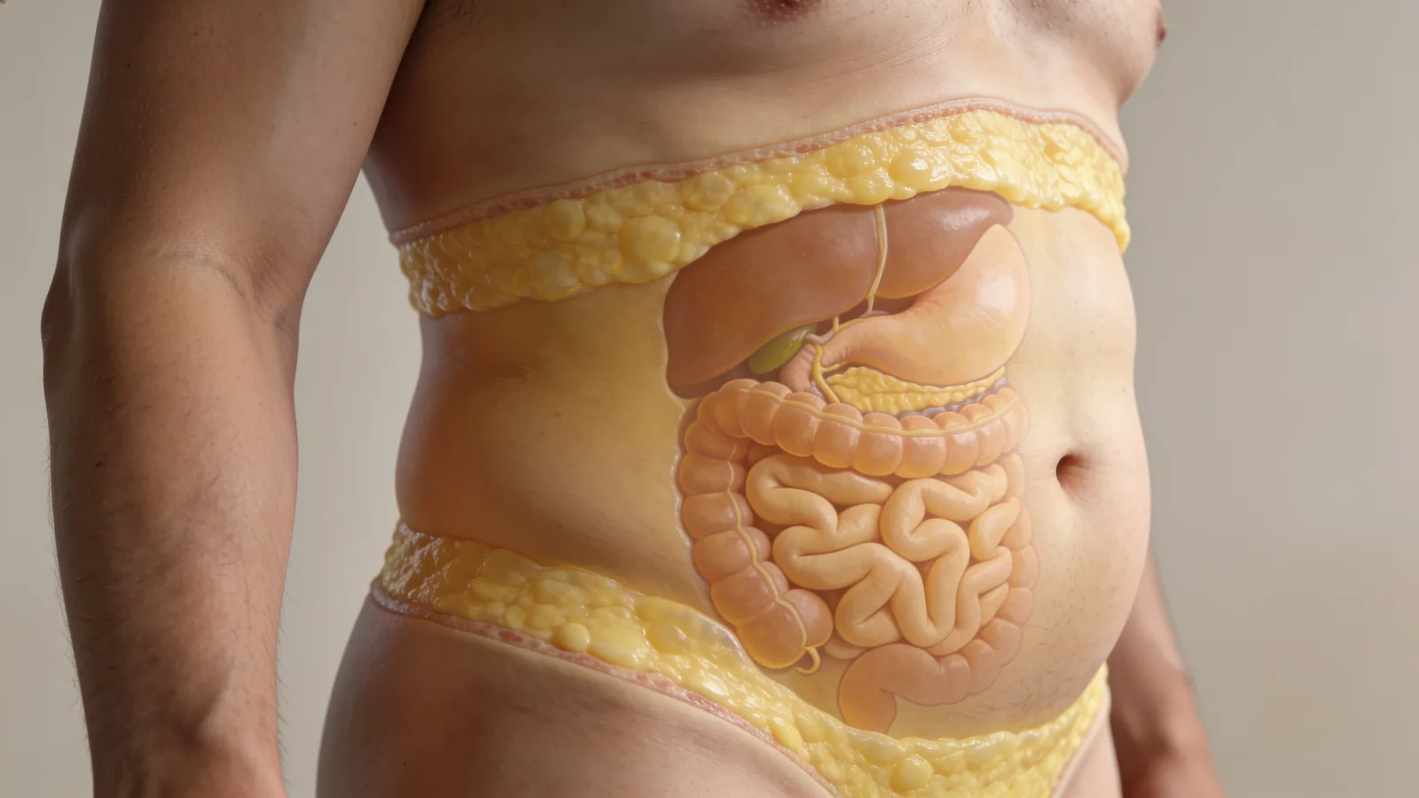 Anatomy overlay on a male torso showing belly fat layers around abdominal organs like liver and intestines