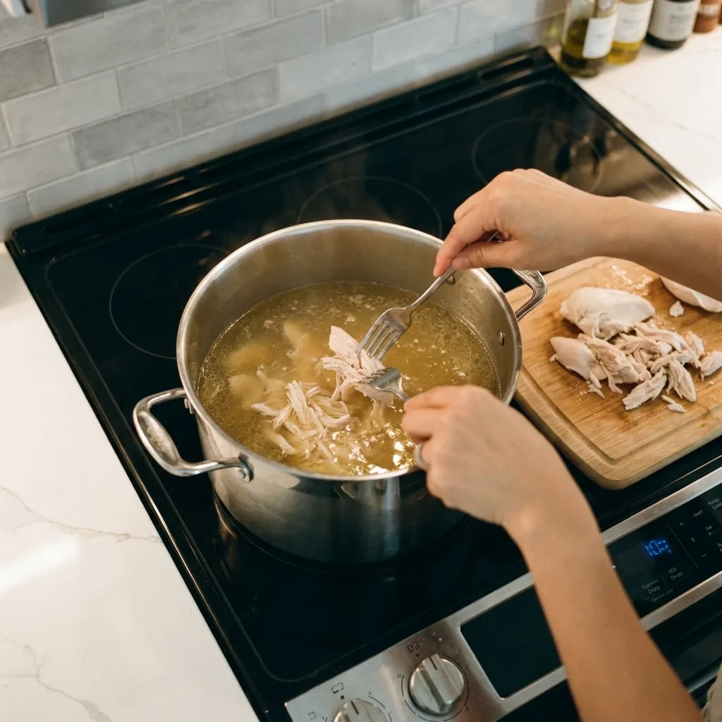 Poach and shred the chicken