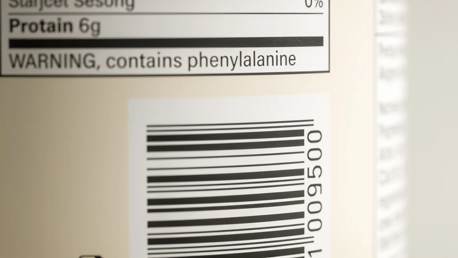 Close-up of a protein product label reading "Protein 6g" and "WARNING, contains phenylalanine" above a barcode