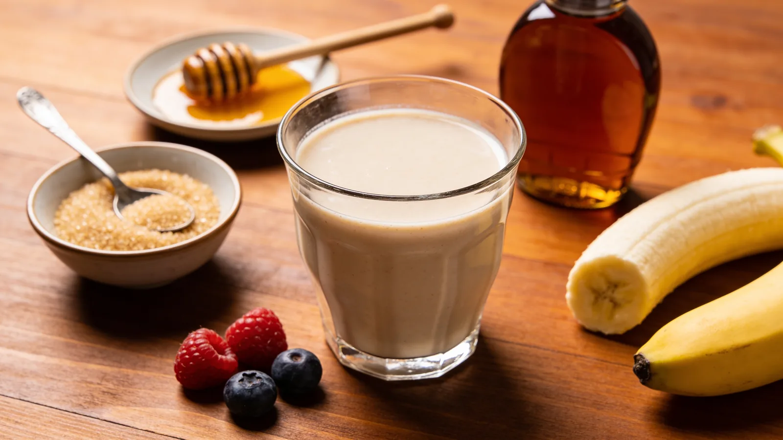 Glass of blended protein shake beside natural sweeteners: honey, maple syrup, raw sugar, banana and berries