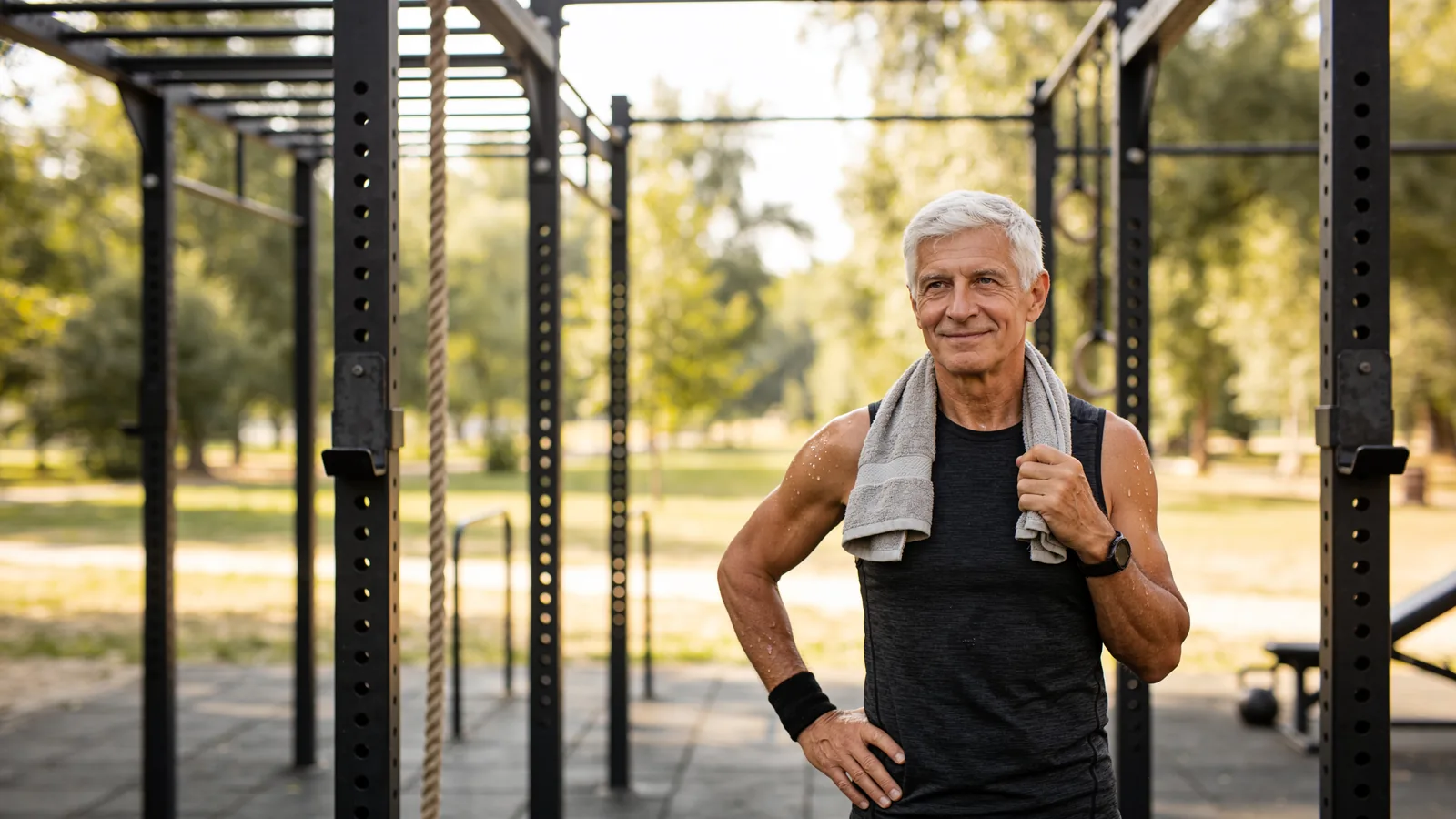 Lean gray-haired man over 50 with a towel resting at an outdoor calisthenics rig after resistance training
