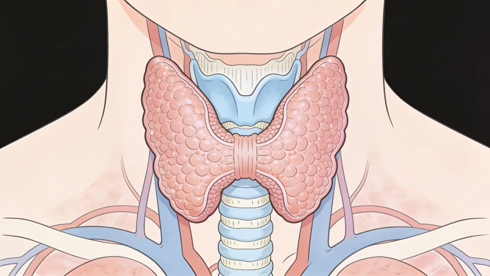 Anatomical illustration of the butterfly-shaped thyroid gland wrapping the trachea in the neck, with larynx and blood vessels