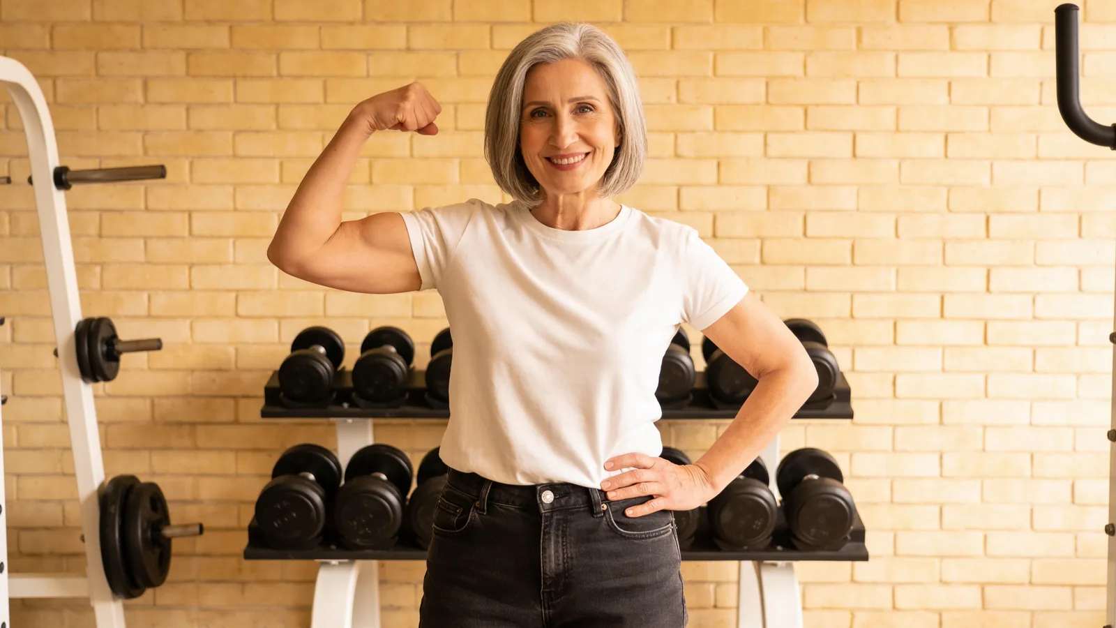 Smiling gray-haired woman flexing her bicep in a gym beside a rack of dumbbells and weight plates