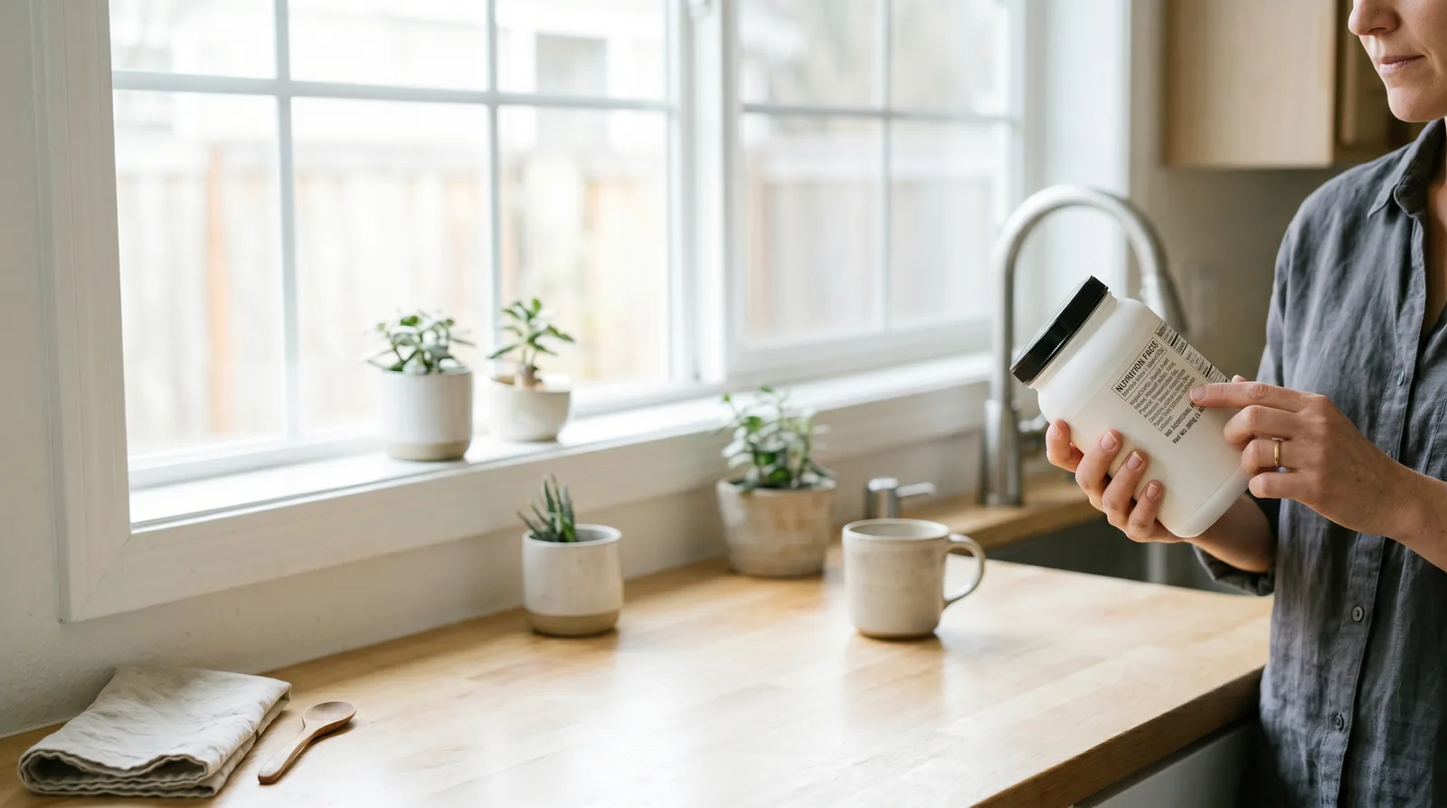 Person reading the nutrition facts label on a protein powder tub at a sunlit kitchen counter