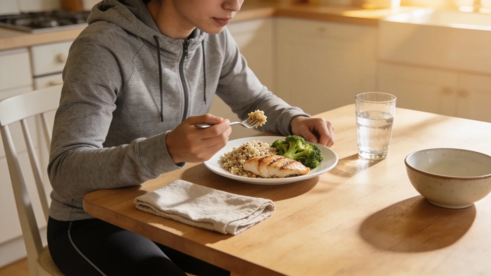 Person in workout clothes eating a post-exercise protein meal of grilled chicken, grain and broccoli at a kitchen table