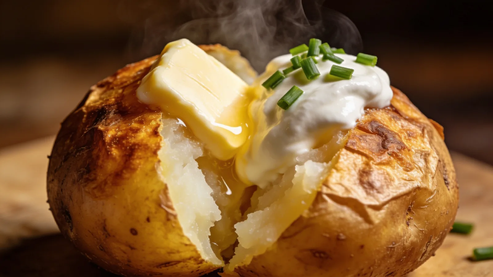 Steaming split-open baked potato with fluffy white flesh, topped with butter, sour cream, and chopped chives