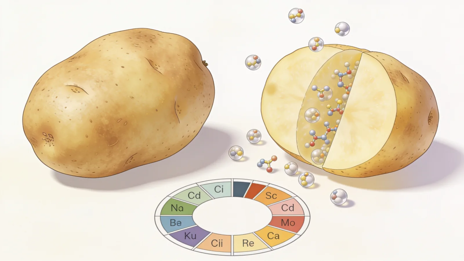 Illustration of a whole potato and a cut potato releasing molecule models, with a color-coded ring chart of labeled segments.