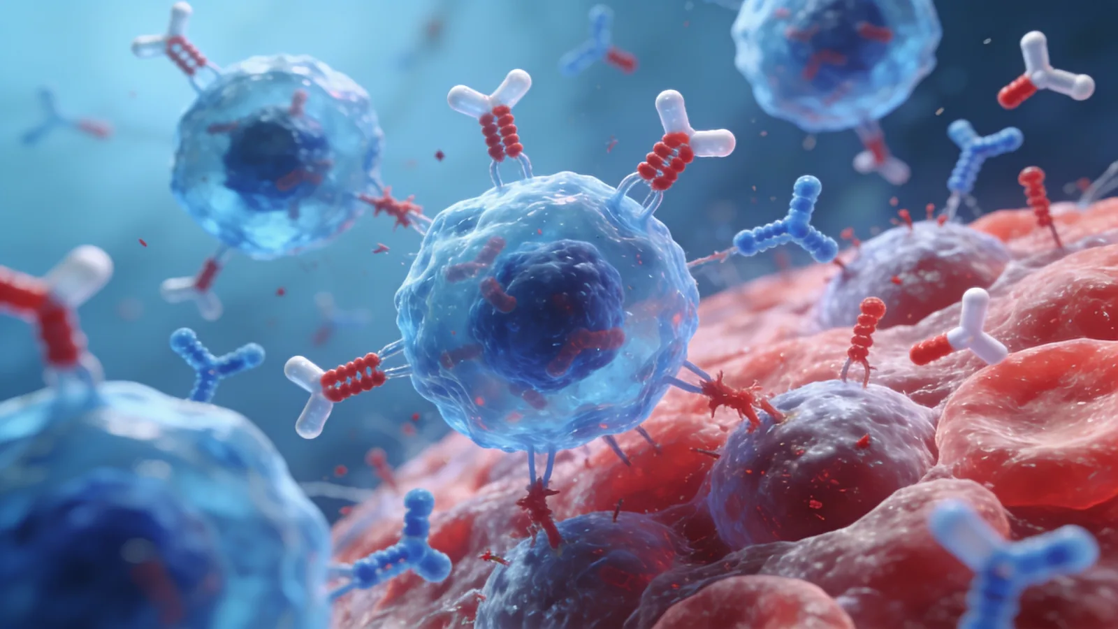 3D render of immune cells and Y-shaped antibodies among red cells, illustrating an autoimmune response