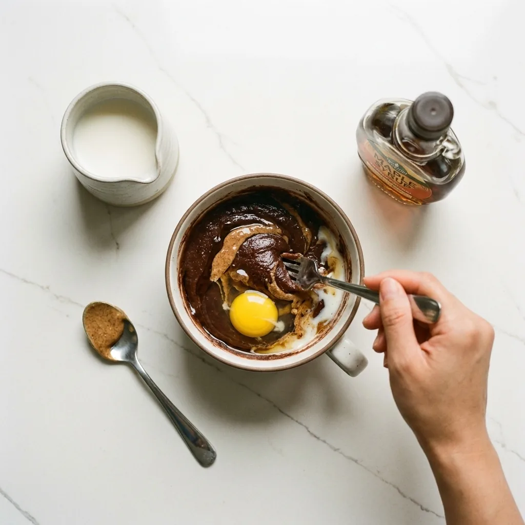 Hands forking egg yolk, milk and almond butter into chocolate mug cake batter beside maple syrup