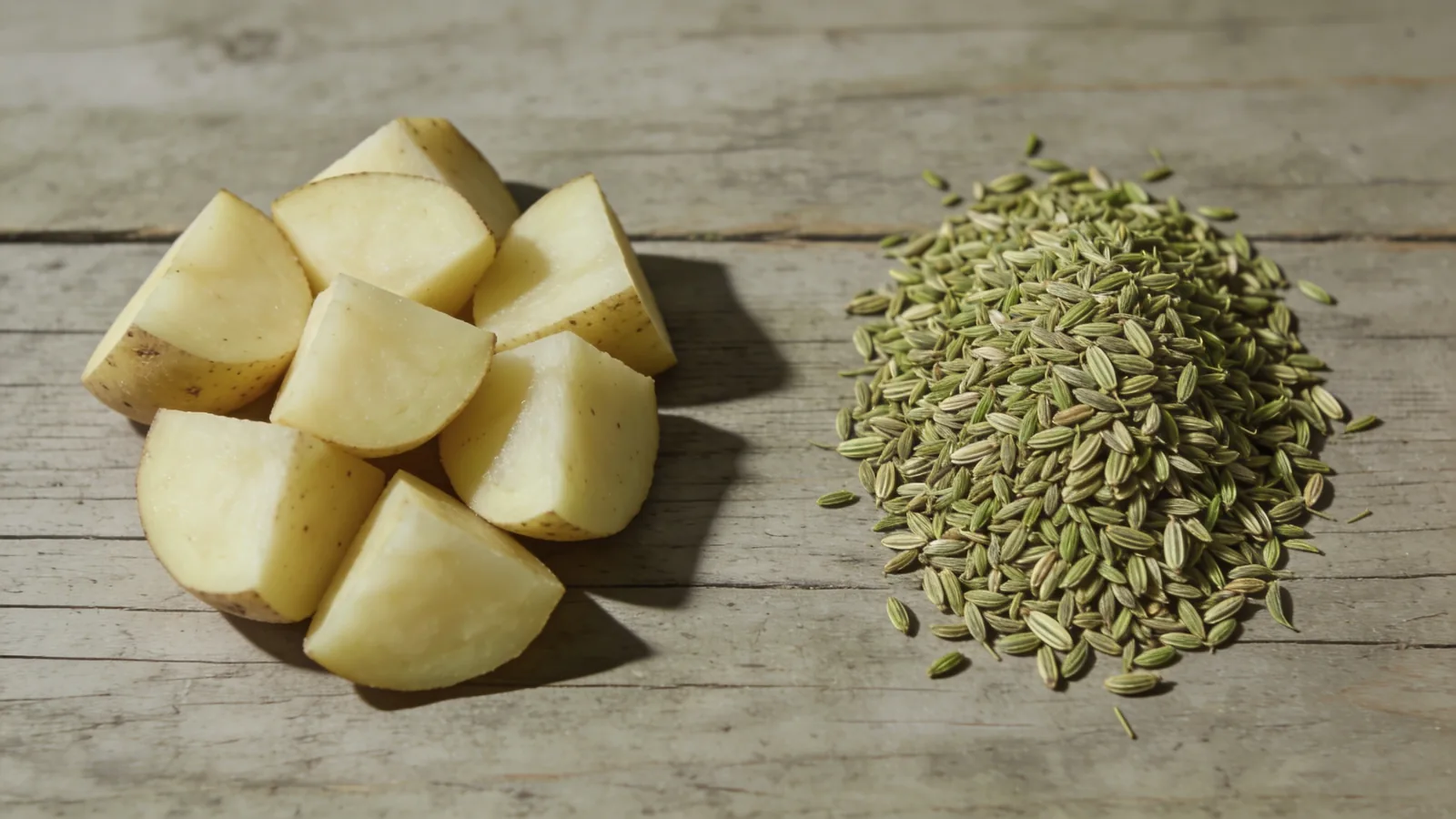 Chunks of raw peeled potato beside a pile of small ribbed seeds on a weathered wood surface