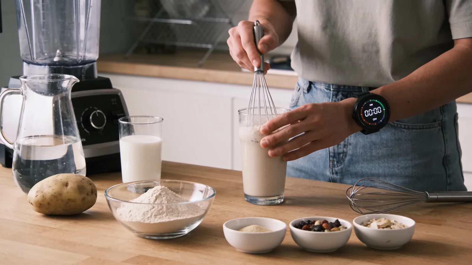 Person whisking a creamy shake in a glass on a wood counter with a potato, bowl of powder, milk, and blender.