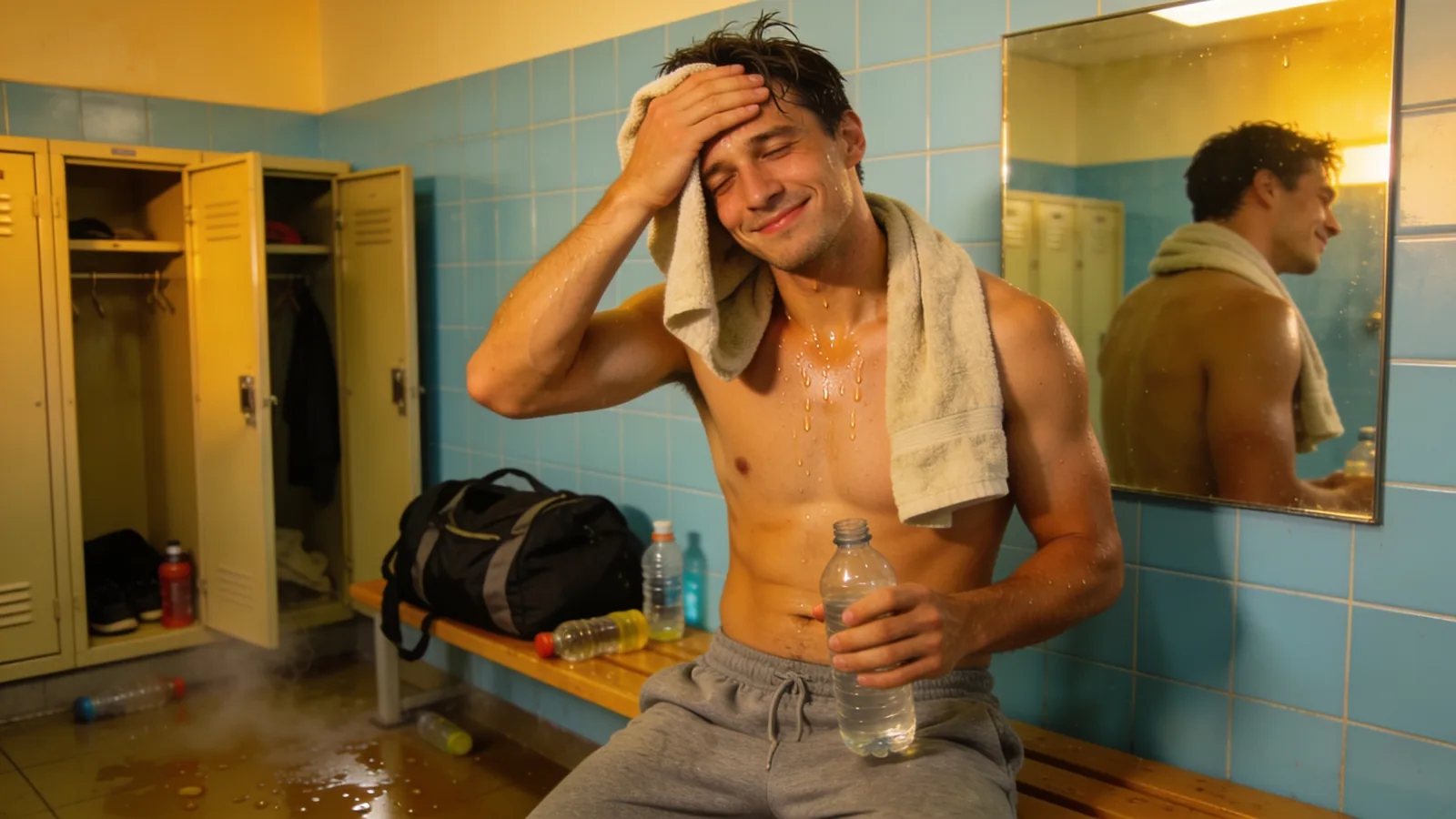 Sweating man towels off post-training in a locker room, holding a water bottle beside a gym bag and lockers