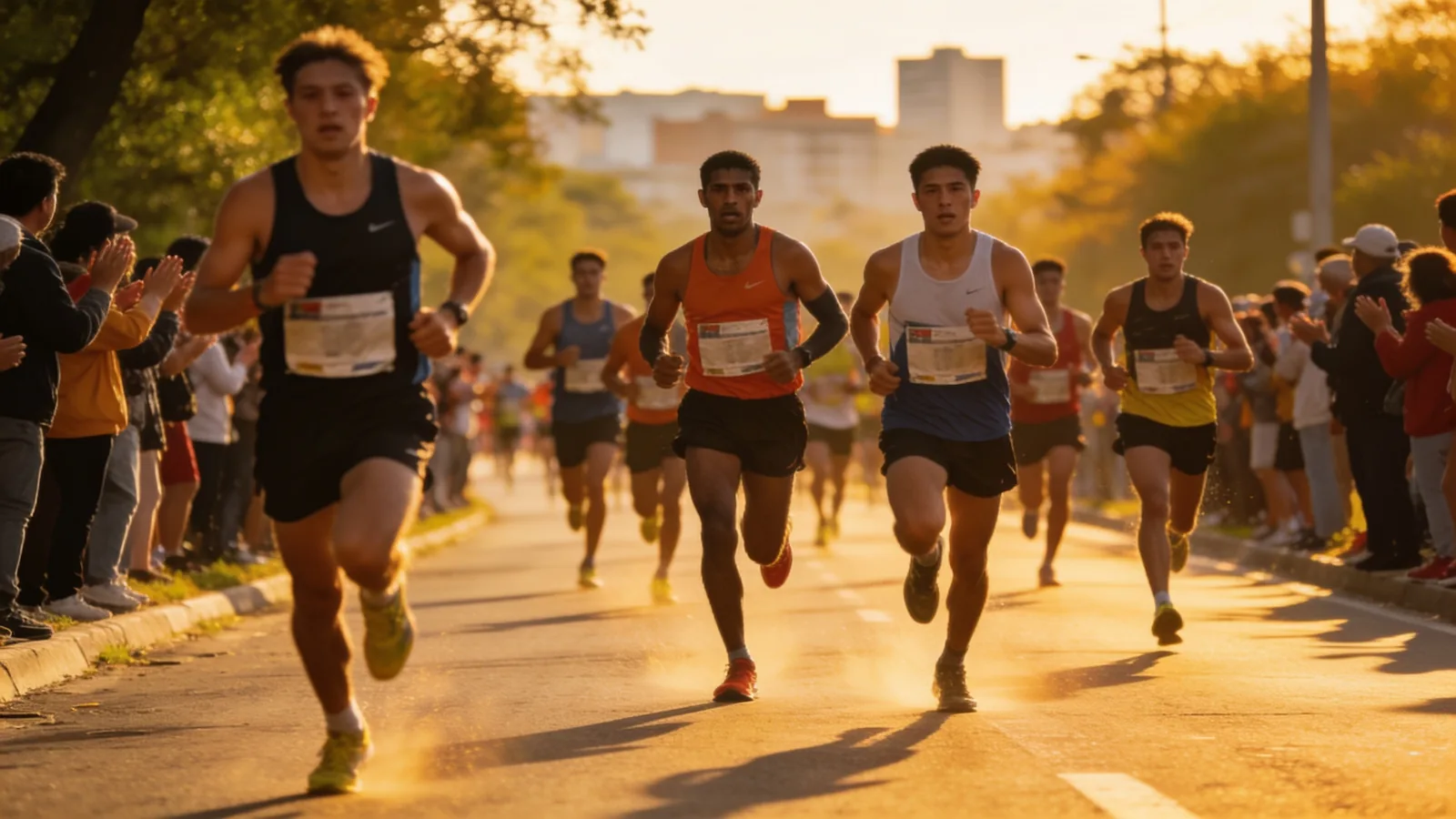 Marathon runners and endurance athletes racing on a city road past cheering spectators at sunrise