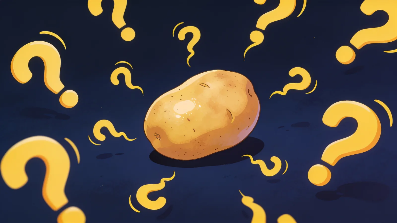 Illustrated single raw potato surrounded by yellow question marks on a dark blue background