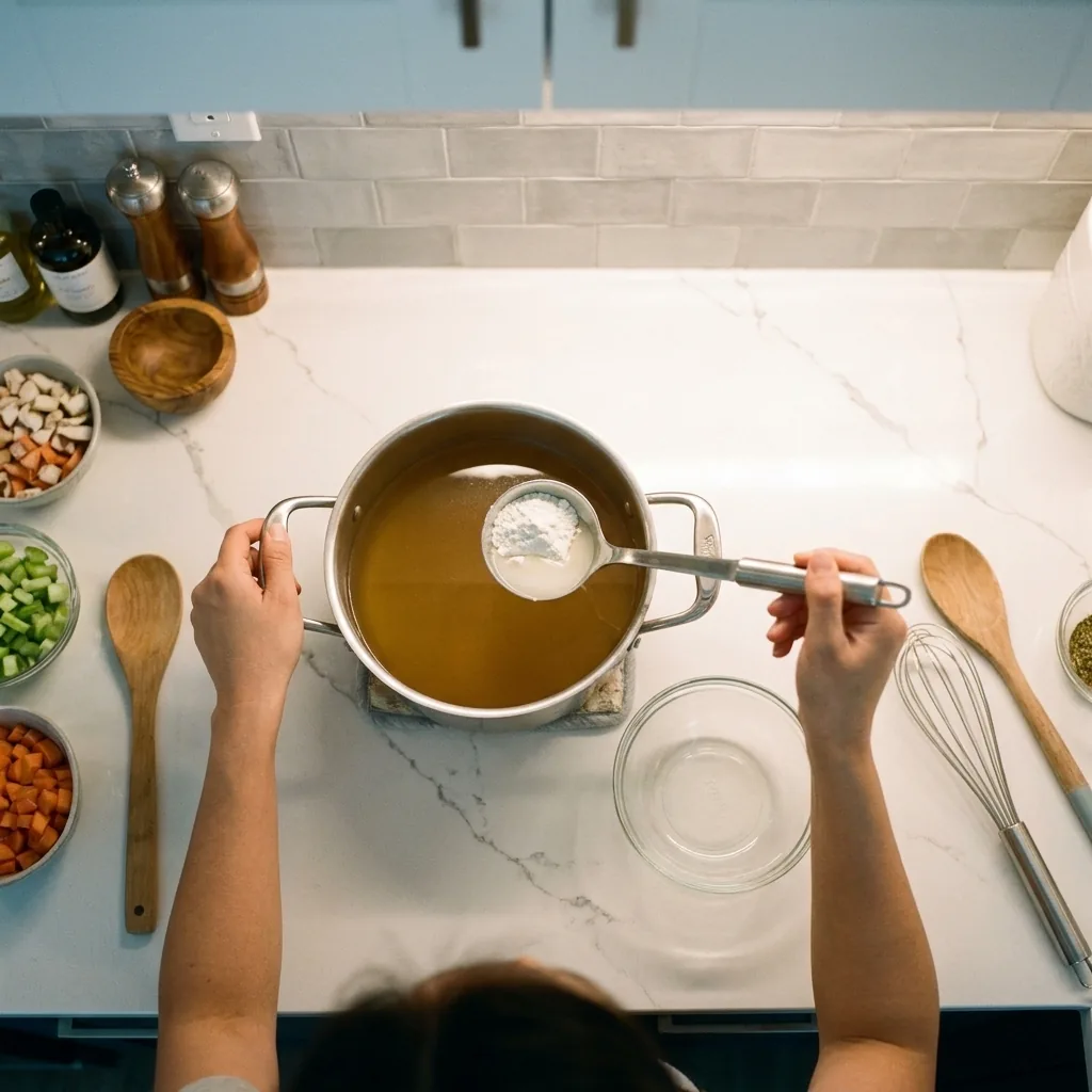 Overhead view of hands holding a ladle of potato protein isolate powder over a pot of warm broth for high protein soup