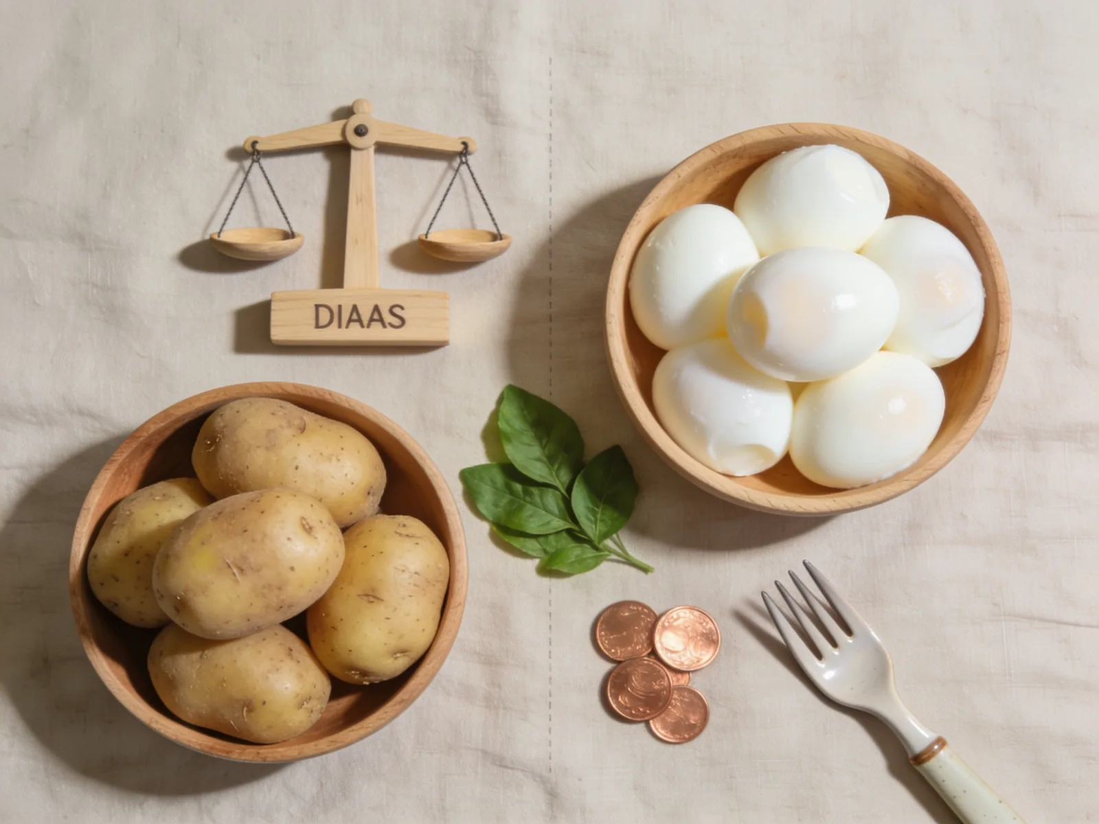 Wooden bowl of raw potatoes and bowl of peeled boiled eggs flank a small balance scale, green leaves, coins and a fork.