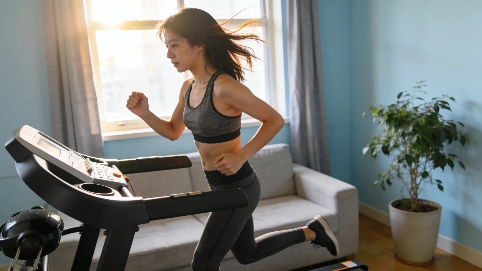 Lean woman running on a home treadmill in workout clothes, illustrating the fat-loss exercise vs protein debate