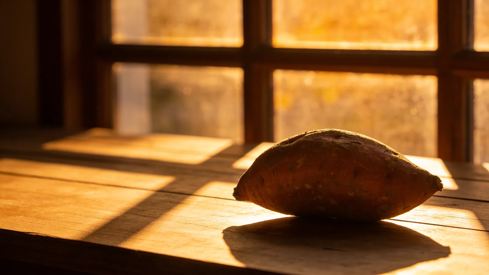 A single whole raw sweet potato on a wooden table by a sunlit window, the carbohydrate-rich root vegetable in question