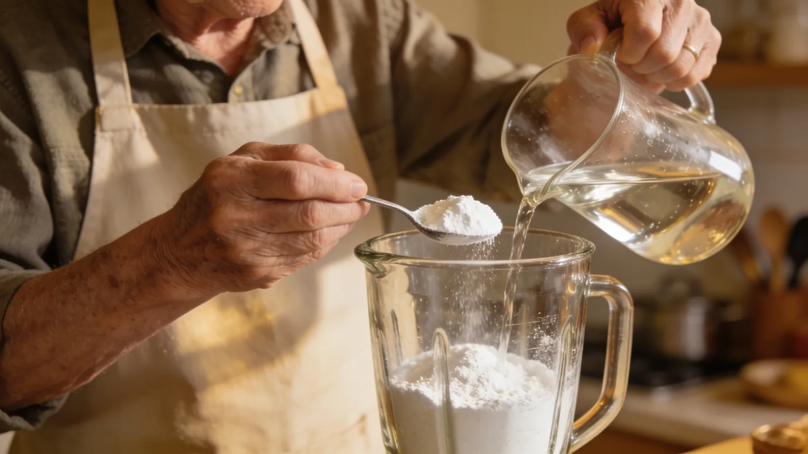 Older person spooning protein powder into a glass jug while pouring water to mix a clean protein shake