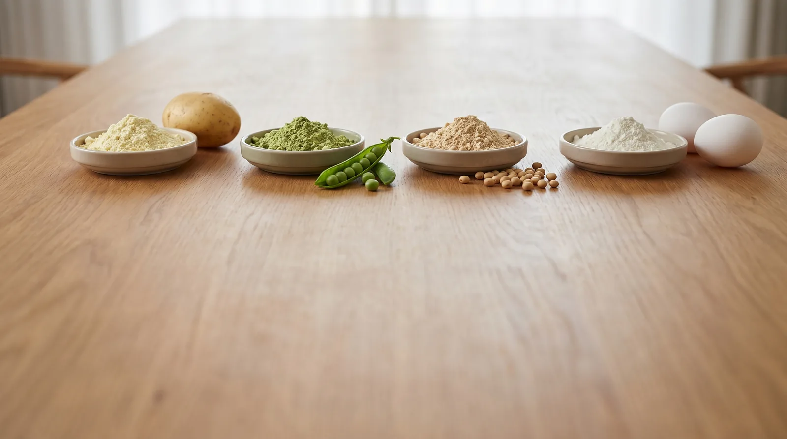 Four protein powders in bowls compared—potato with a whole potato, green pea, soy with soybeans, and whey with eggs