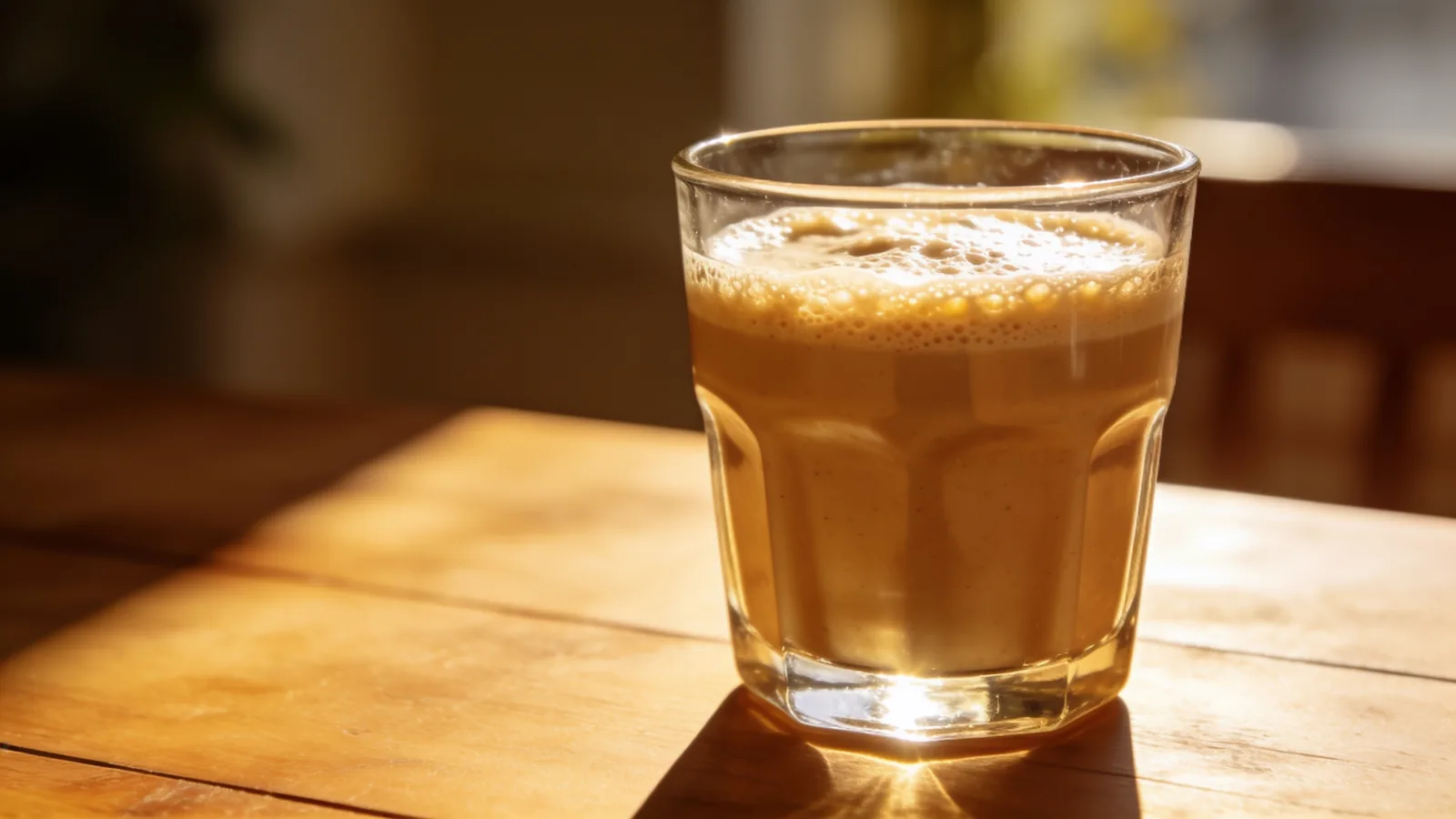 Glass of frothy tan protein shake on a sunlit wooden table