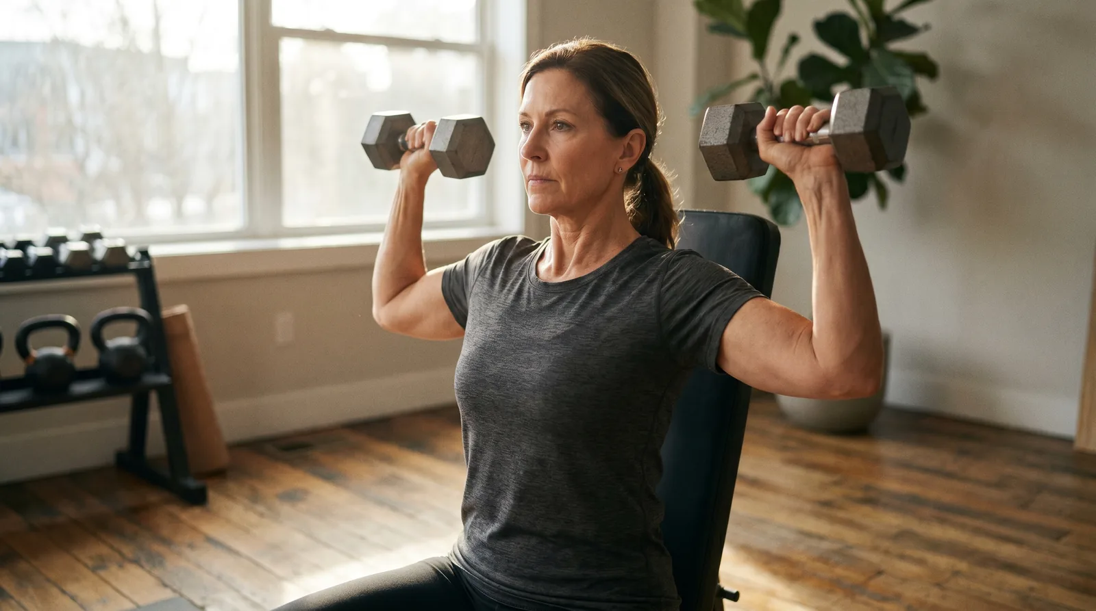 Midlife woman doing a seated dumbbell shoulder press to preserve muscle during menopause weight loss