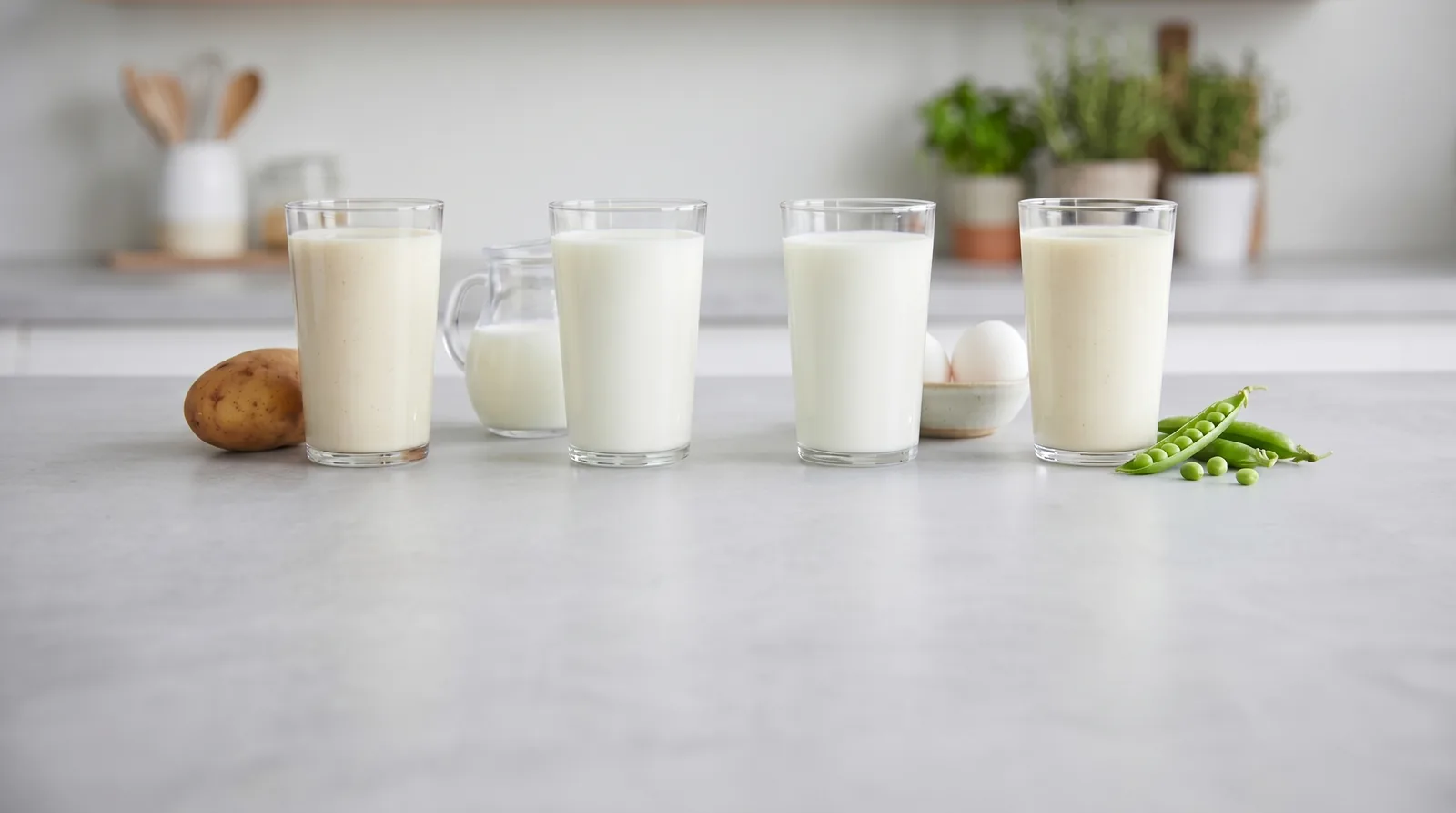Four glasses of mixed protein shakes with whole-food sources: a potato, milk jug, eggs, and pea pods