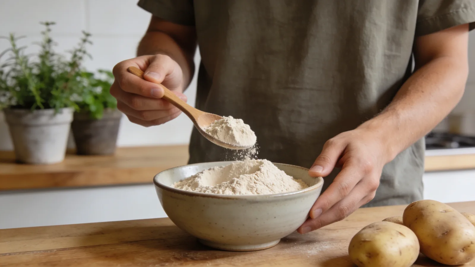 Person spooning beige powder from a wooden spoon into a ceramic bowl, with raw potatoes on a wood counter