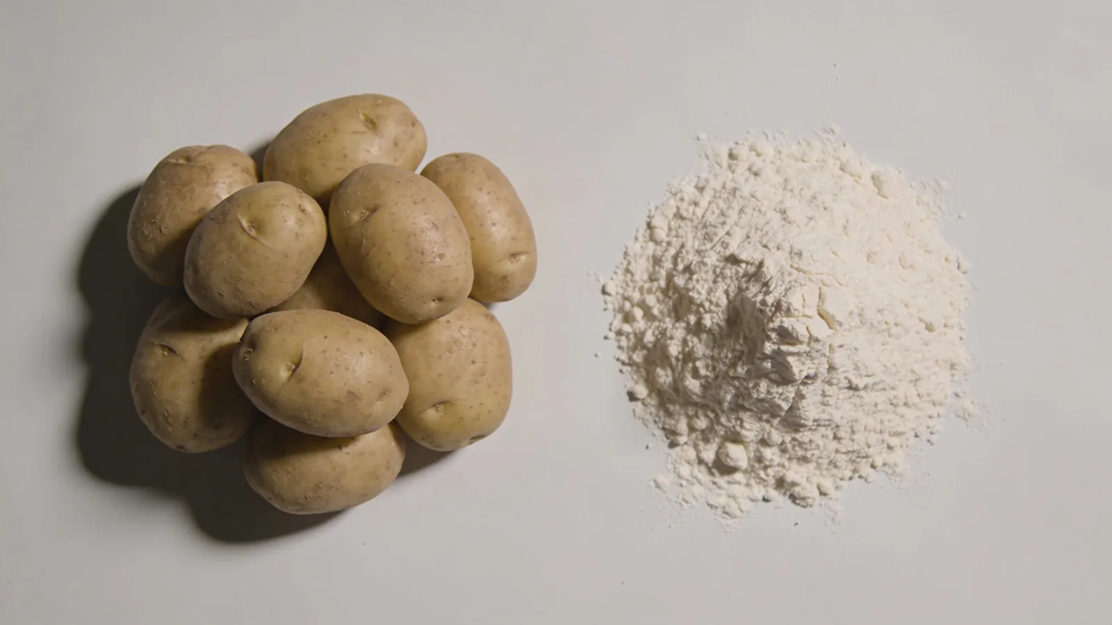 Cluster of whole raw potatoes beside a mound of white powder on a plain light gray surface, top-down view.