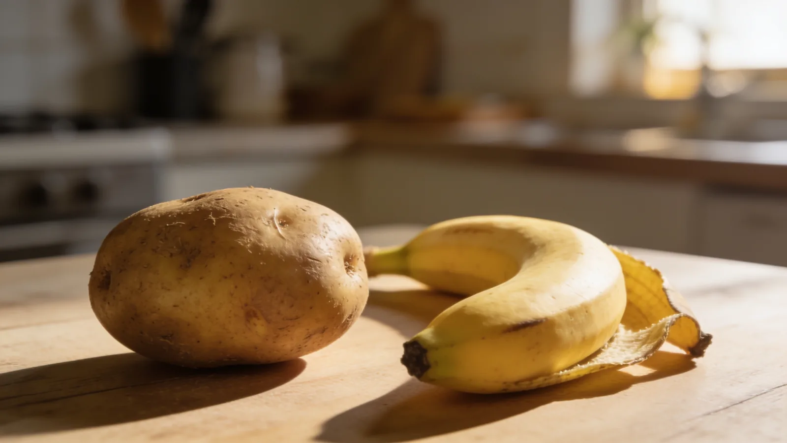 A raw potato and a yellow banana sitting side by side on a wooden kitchen table in warm light.