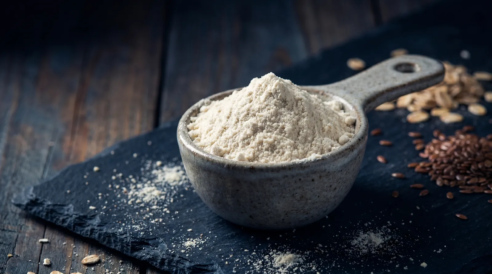 Heaped scoop of plain protein powder in a stone bowl on slate, with flax seeds and oats, no additives shown