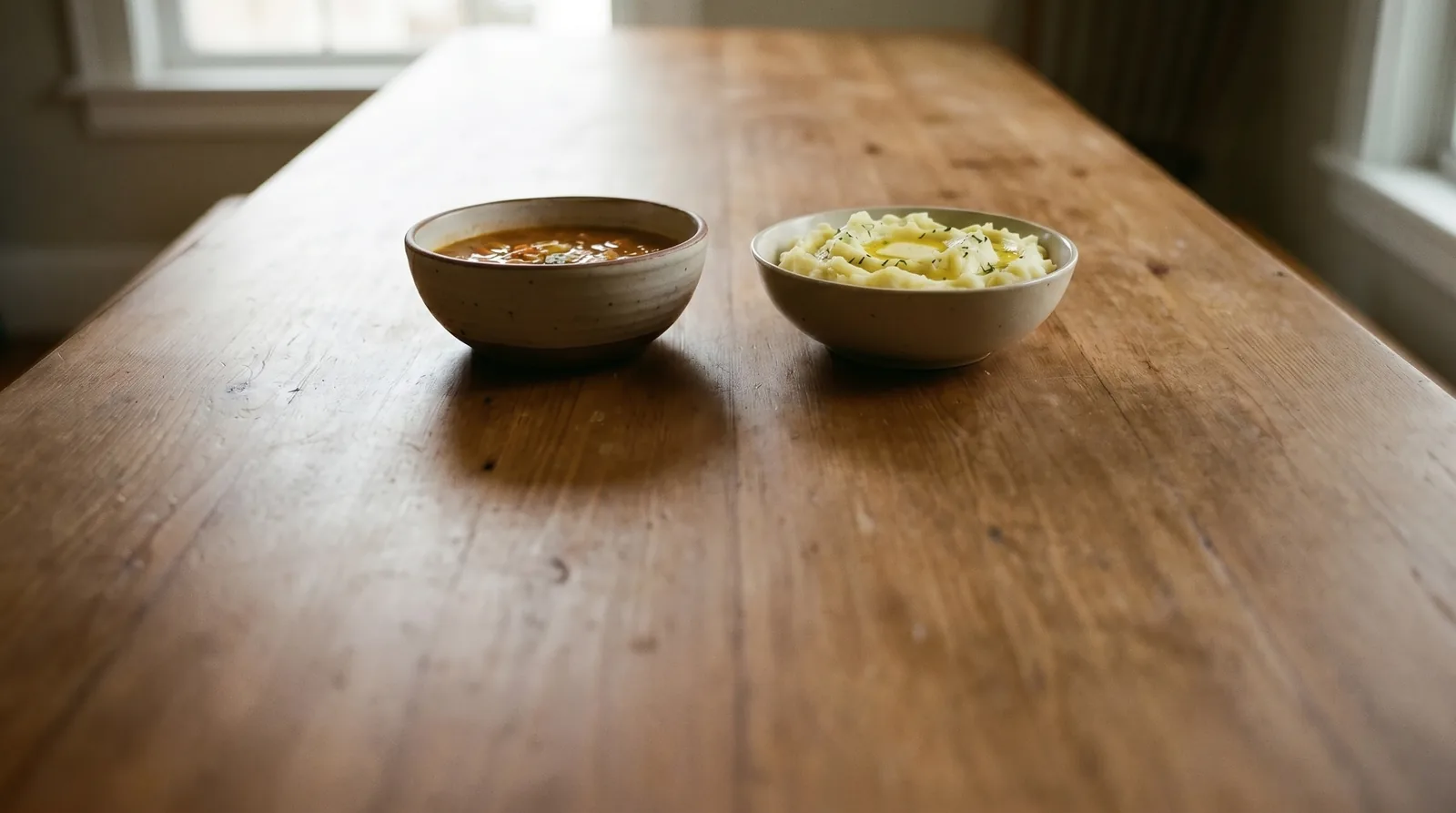 Two small bowls on a wooden table: a brothy soup and creamy mashed potatoes, soft easy-to-eat foods for seniors
