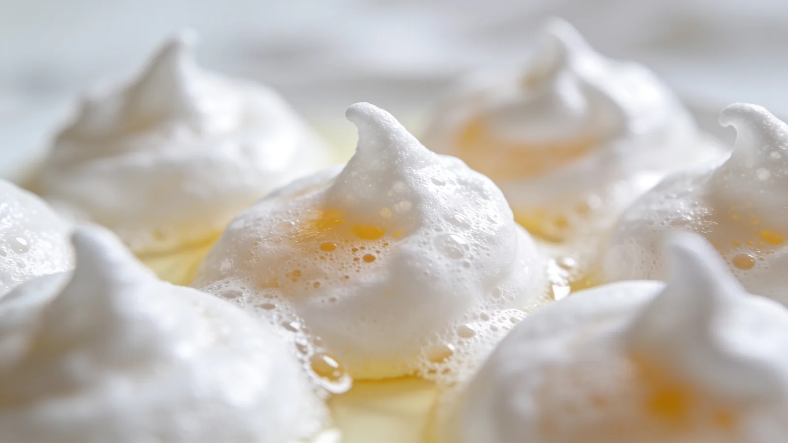 Whipped egg whites in stiff foamy peaks, a near-complete low-calorie protein source, with pale yellow tones