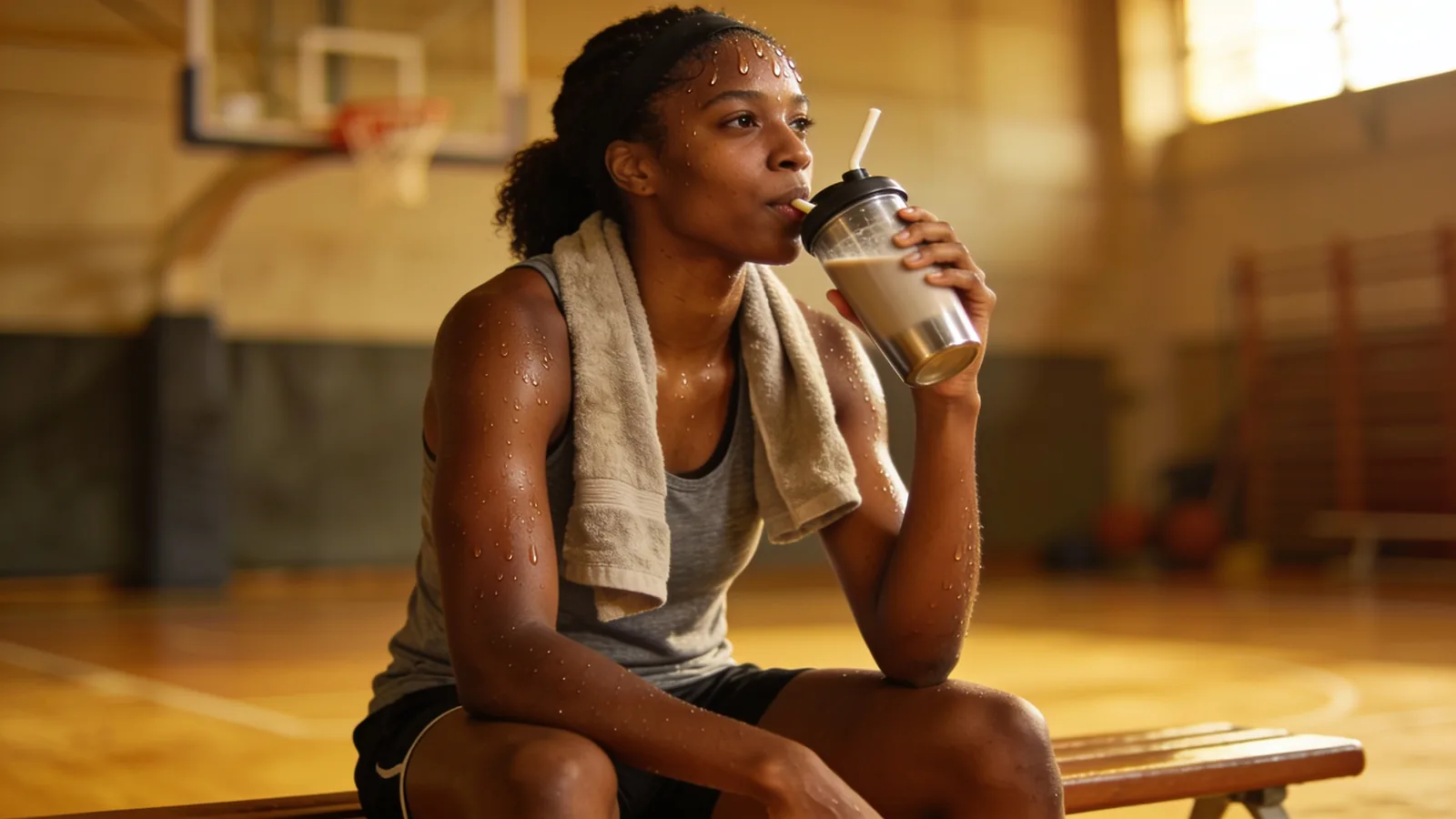Sweating athlete on a basketball court bench sips a mixed protein shake from a shaker bottle with a straw