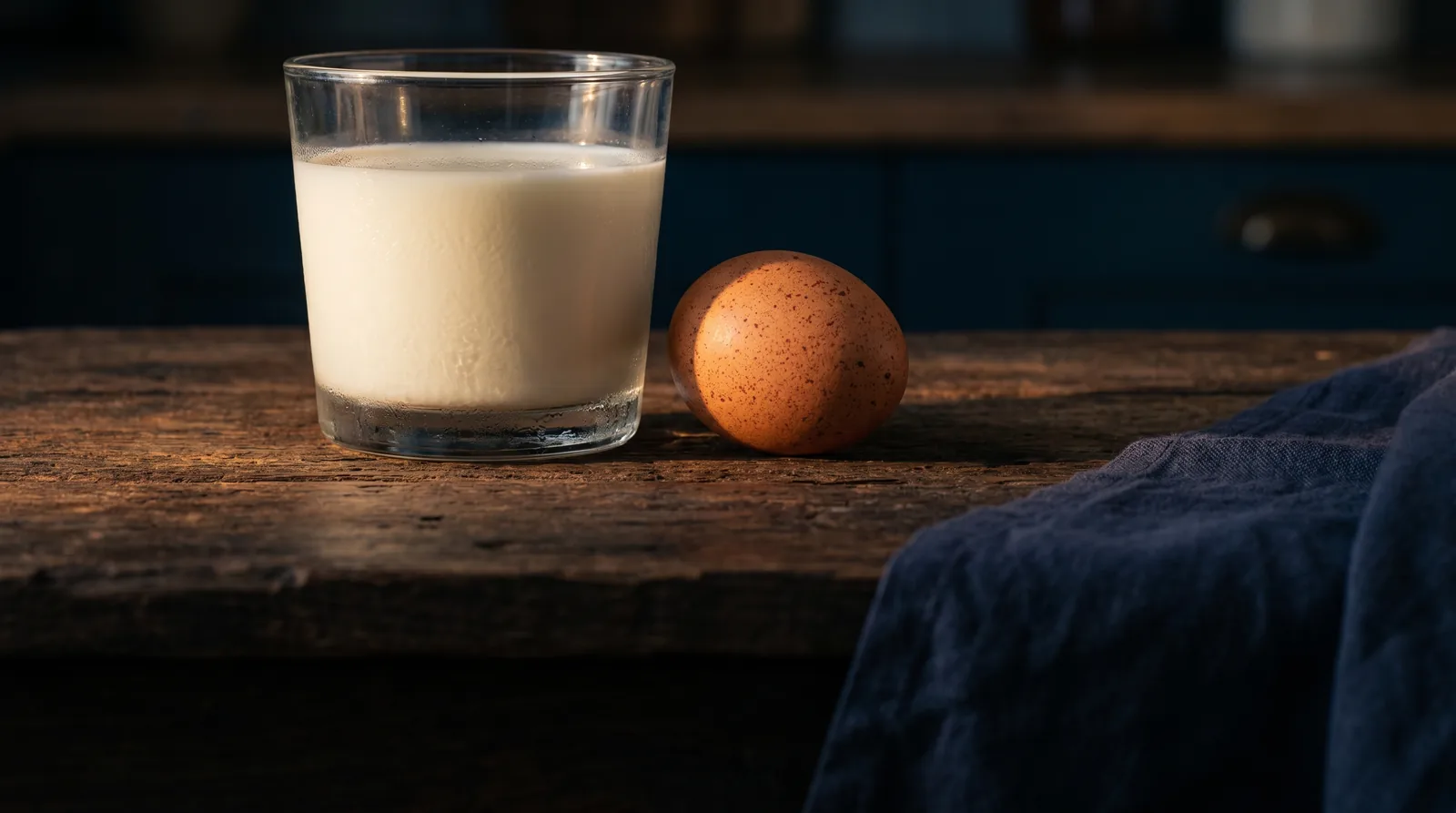Glass of milk and a whole brown egg on a wooden table, two top-ranked protein-quality sources