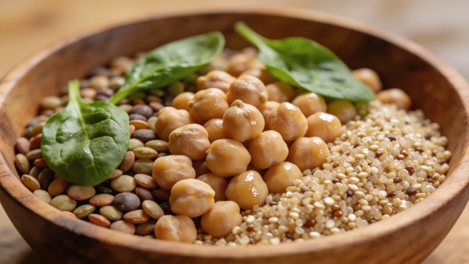 Wooden bowl of plant protein sources: chickpeas, lentils, quinoa and fresh spinach leaves