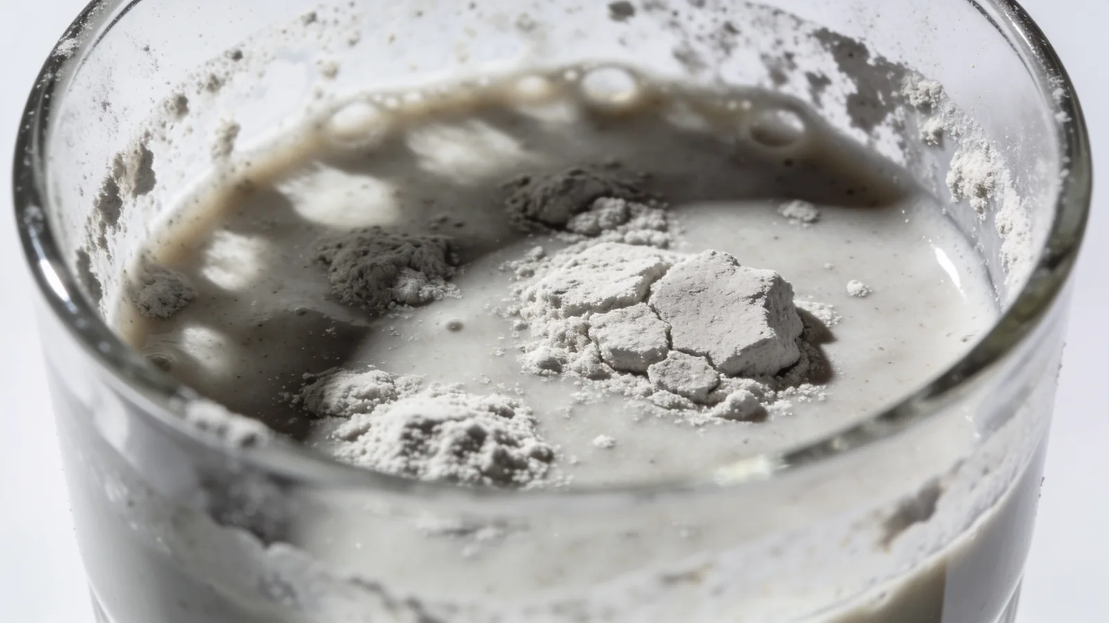 Clear glass of poorly mixed protein shake with dry chalky powder clumps floating undissolved on the surface