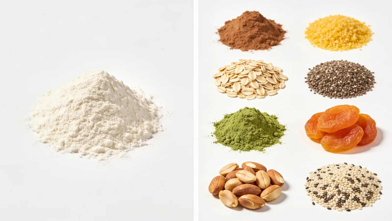 Single-ingredient white protein powder beside piles of additives: cocoa, grains, oats, seeds, greens, dried fruit, nuts