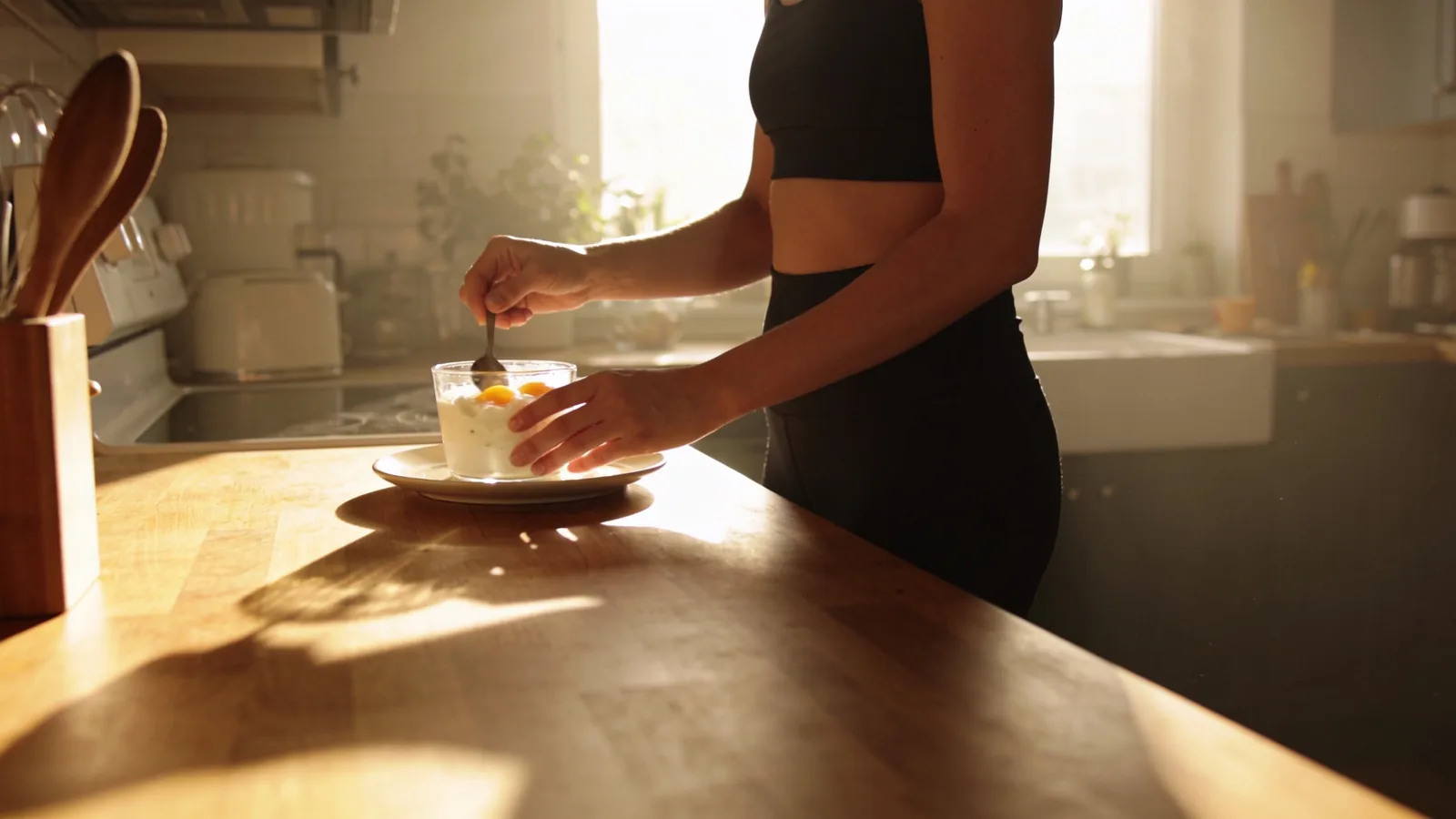 Person in workout clothes eating a protein-rich yogurt bowl at a sunlit kitchen counter in the morning