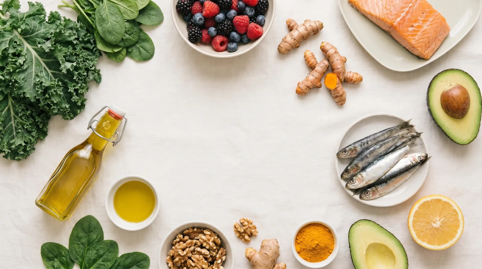 Anti-inflammatory diet foods: leafy greens, berries, salmon, sardines, avocado, walnuts, ginger, turmeric and olive oil