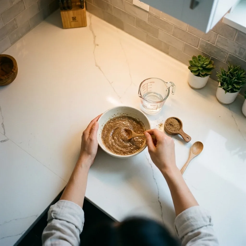 Hands stirring a thick gelatinous flax egg slurry in a bowl, with ground flaxseed and water measure nearby