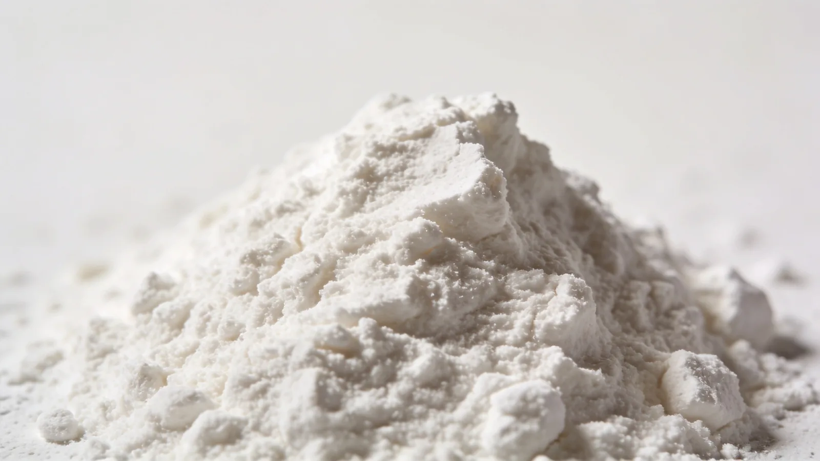 Mound of fine white xanthan gum powder, a thickening additive used in protein powder, on a pale surface